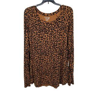 Time and Tru Top Blouse XXXL 3X Brown Animal Print Long Sleeve Stretch Casual